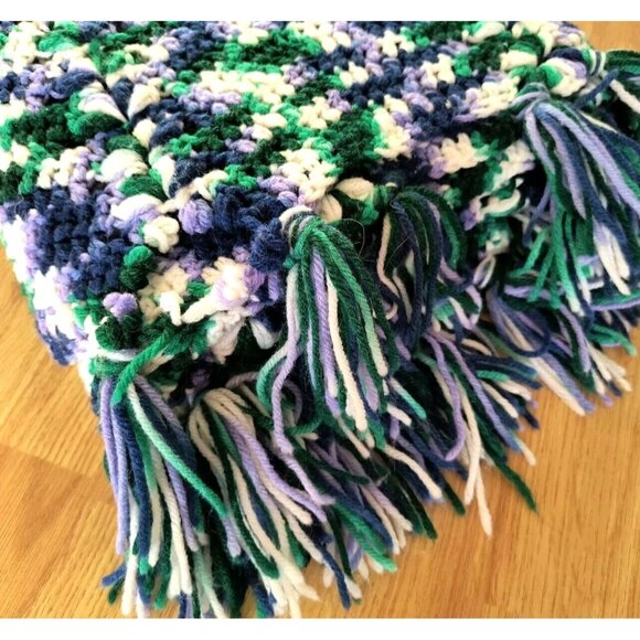 Afghan Blanket Heathered Green Blue Purple and White w/ Tassels, EUC - Picture 7 of 10